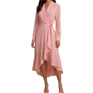 Halara Midi Wrap Dress Long Sleeve Pink Ruffle Medium Lightweight Romantic New